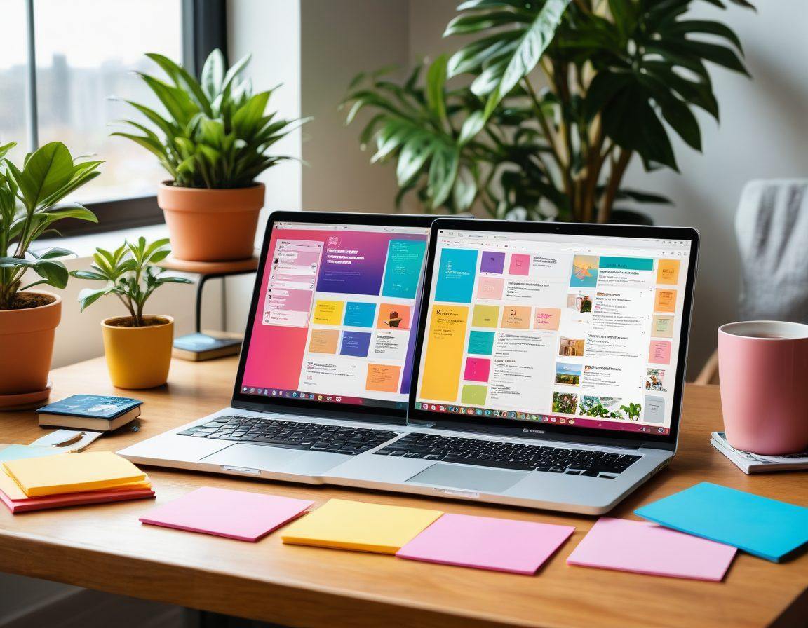 A vibrant workspace filled with creative tools, such as a laptop displaying engaging blog content, colorful sticky notes with ideas, a cup of coffee, and a potted plant. Incorporate visuals of social media logos floating around, symbolizing audience engagement. The atmosphere should feel inspiring and energetic, inviting readers to enhance their blogging skills. super-realistic. bright colors. cozy setting.