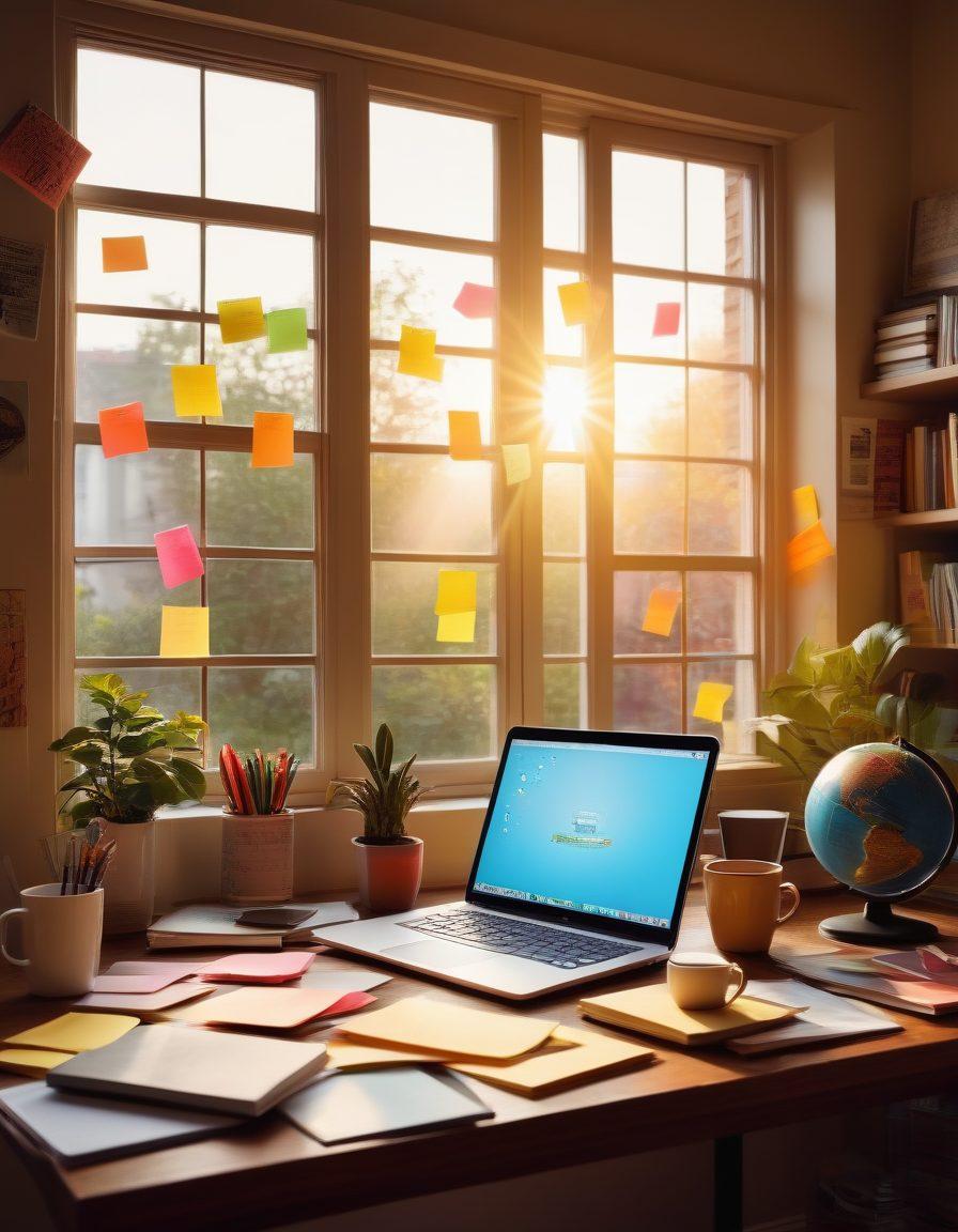 A serene workspace featuring a glowing laptop surrounded by colorful sticky notes filled with ideas, a steaming cup of coffee, and a notepad with sketches of a storytelling arc. Soft sunlight streaming through a window casts a warm glow, hinting at creativity and inspiration. Elements like a globe and a stack of books subtly represent global blogging success. super-realistic. vibrant colors. cozy atmosphere.